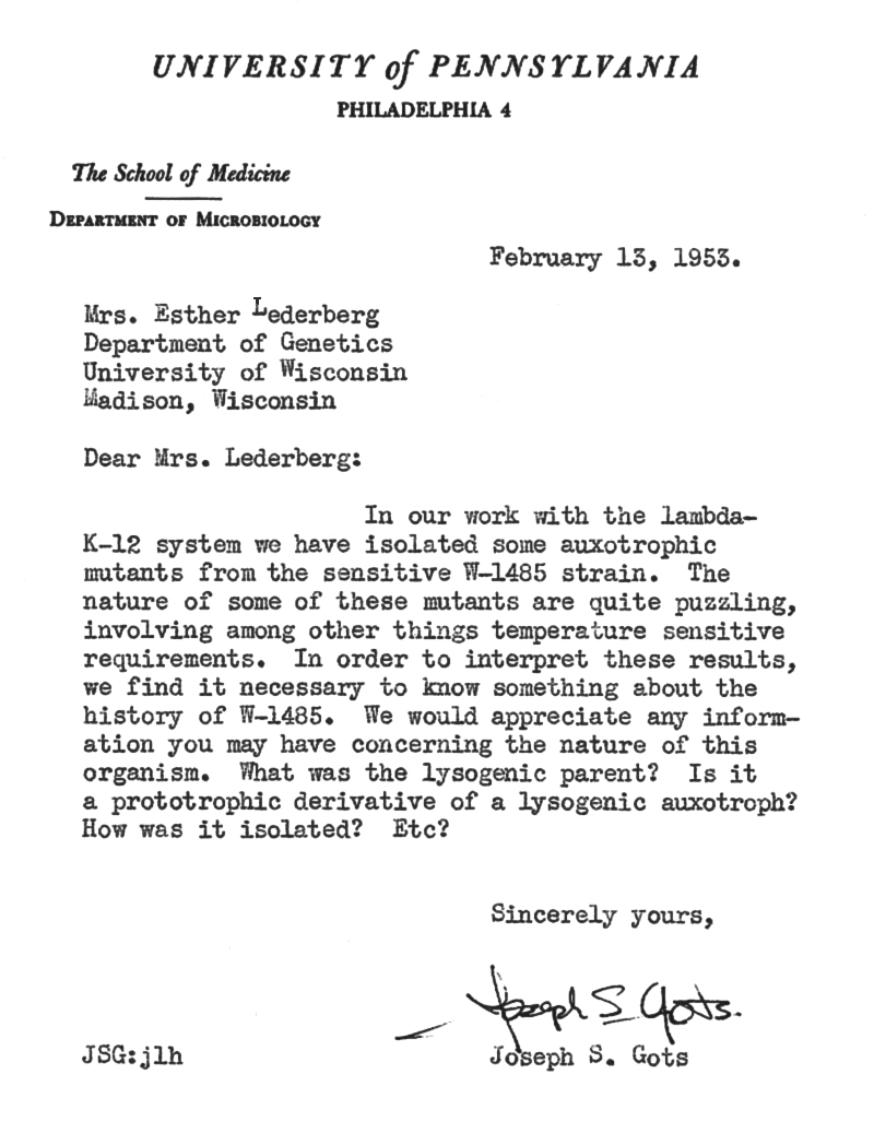 d0027 JosephSGots to EML (K-12 W-1485 temperature auxotroph) 2-13-53 51-52
